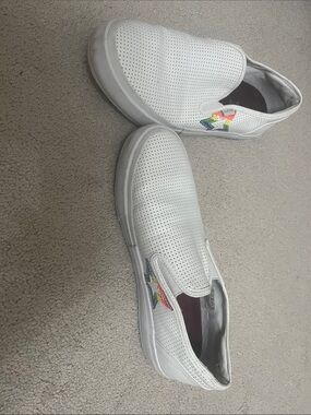 Mark Nason White Leather Slip-On Sneakers with Multicolor Star Accent